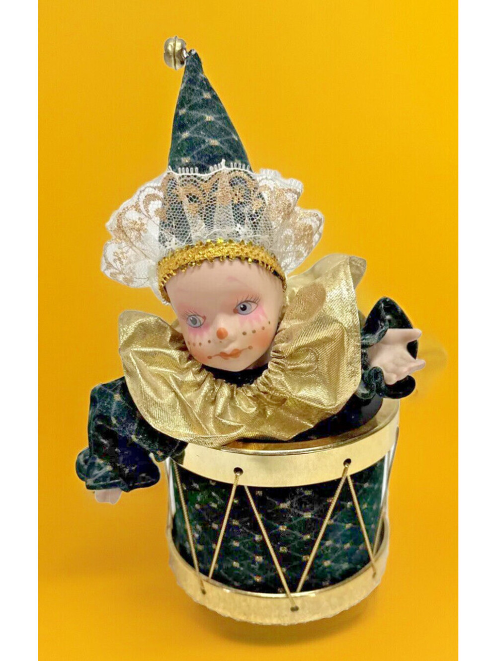Vintage Porcelain Jester in a Drum - Wind Up Music Box Velvet Green & Gold WORKS